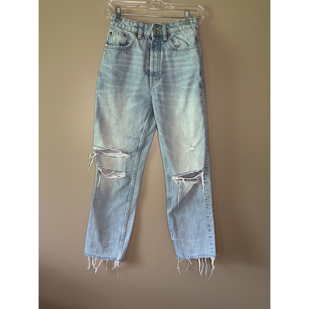 Zara Women High Waisted Straight Leg Distressed Cropped Jeans Light Wash Size 2
